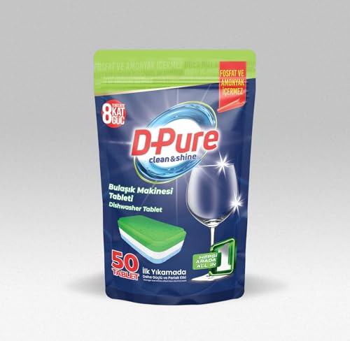 D-Pure Lot de 50 tablettes pour lave-vaisselle tout-en-un – Extra puissantes, nettoyage ultime, brillance et protection, sans phosphates ni ammoniaque