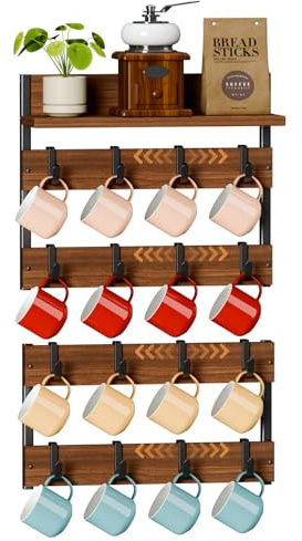 Dhmkfly 2-in-1 Coffee Cup Holder Wall Mounted, 4-Tier Coffee Mug Holder Wall Mount with 16 Adjustable Hooks and Display Shelf, Wooden Mug Rack Hanger Organizer for Home Kitchen Display and Collection