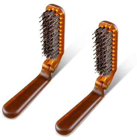 Folding Hair Brush | Homiladi 2Pcs Amber Foldable Hair Brush | Portable Travel Hairbrush for Women & Men with Boar Bristles | Mini Hair Brushes for Detangling & Shine