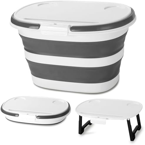 Upgraded Collapsible Bucket 16L with Handles, Multi-Functional Lid - 4-in-1 Foldable Silicone Tub with Table Surface, Floor Stand, Portable Wash Basin for Cleaning, Laundry, Storage
