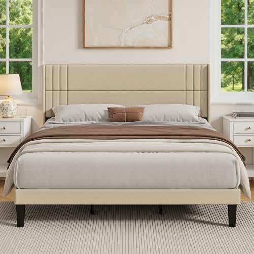 Blishom Lit capitonné 180×200cm, Moderne, avec tête de lit et sommier à Lattes, en Tissu Solide, pour Adolescent et Chambre d'amis, Cadre de lit rembourré, Beige