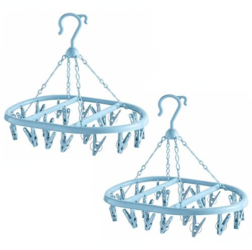 Lizzy 2 Pack 20 Peg Hanging Clothes Airer Circular Laundry Dryer Rack Plastic Sock Underwear Drying Hanger Windproof Indoor Outdoor Space Saving Clothes Drying Rack - Blue