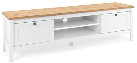 Newfurn TV Lowboard Weiß Wildeiche TV Schrank Fernsehtisch Wohnzimmer | 2 Türen mit offenem Mittelfach und Ablageboden, TV Board stehend, TV Bank, Fernseher Kommode, für den Landhaus Wohnraum