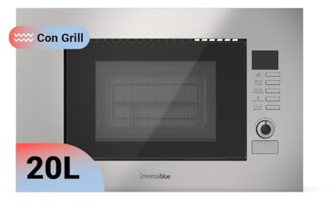 UNIVERSALBLUE Microondas 20 Litros Acero Inox Encastrable | Microondas de Encastre con Grill 900W | Integrable 9 Niveles Funcionamiento | Temporizador | Bloqueo Infantil | Control Digital