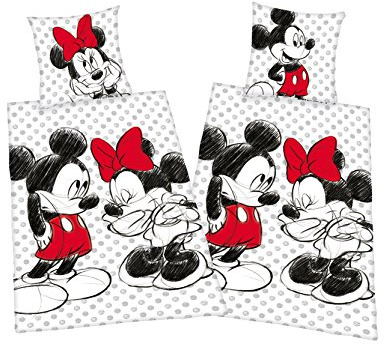 Herding Klaus GmbH Disney Mickey + Minnie Partner Bettwäsche Doppelpack 80x80cm 135x200cm, 100% Baumwolle mit Reißverschluss