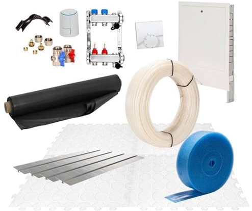Fußbodenheizung Warmwasser Set 60m² Trockenestrich 25 mm Dämmplatte Alu-Verbund Rohr Regelung A