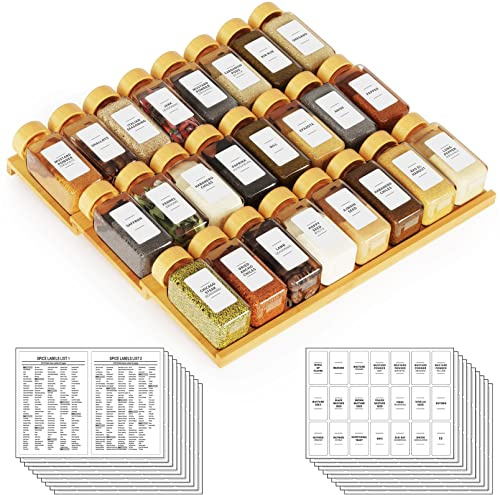 SpaceAid Bamboo Spice Drawer Organizer with 24 Spice Jars, 378 White Minimalist Spice Labels, 3 Tier Seasoning Rack Tray Insert for Kitchen Drawers, 15 Wide x 15 Deep x 2.6 Tall