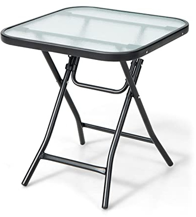 LIFEZEAL Klapptisch Glas, klappbar Bistrotisch Balkontisch mit Stahlrahmen, Esstisch Terrassentisch mit gehärtetes Glasplatte, Gartentisch für Innen & Draußen (Quadratisch)