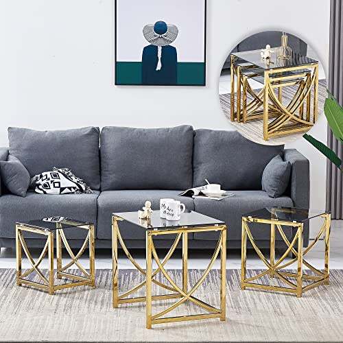ZOONFA Nest of 3 Gold Black Grey Glass Coffee Table Nesting Table Modern Design Sofa Side Corner End Lamp Table Small Square Minimalist Nesting Tables for Living Room