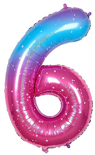 Ponmoo 40 Zoll Foil Luftballon Zahl 6 Rosa-Blau (101cm), Aufblasbares Helium oder Luft, Riesige Folienballons Nummer 0-100, Große Ballones für Hochzeitstag und Geburtstag Party Dekoration