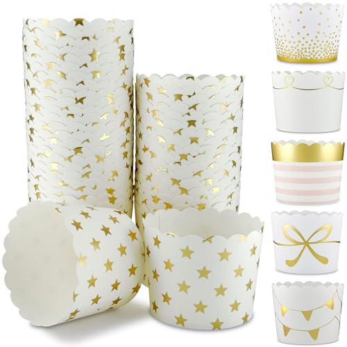 Frau WunderVoll® 50 Muffin Backformen weiß Gold (metallic) Sterne Durchmesser 6,1 cm/goldene Muffins Muffinbackform Muffinform Form Backförmchen Cupcake Formen Förmchen Papier Cupcakeformen