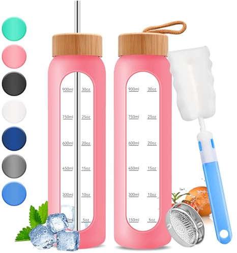Wobeny 32oz Glas-Wasserflasche mit Zeitmarkierung - 1000ml große motivierende Wasserflasche mit 2 Bambusdeckeln, 1 Liter Flasche für Fitness mit Edelstahlstrohhalm & Silikonhülle (Rosa)