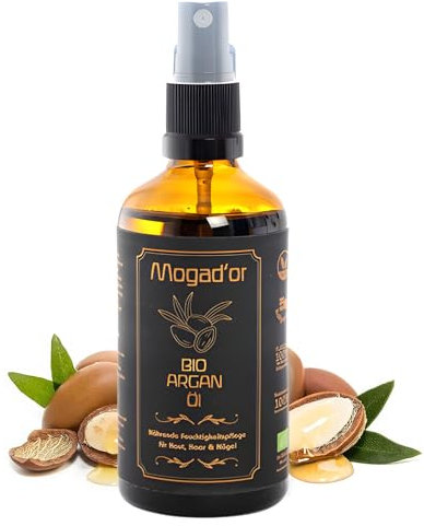ARGANÖL BIO KALTGEPRESST | 100% Rein | Für Haare Haut & Nägel | Original aus Marokko | 100ml im Braunglas | Feuchtigkeitspflege | Cruelty Free | Argan Oil | Ohne Zusätze mit Pump | Von Mogad´or