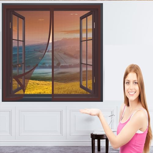 Fliegenschutzgitter für Fenster 126 x 94 cm Fliegengitter Magnet Ohne Bohren Automatisches Schließen Fenster-Fliegengitter für Alle Fenster Bis, Braun