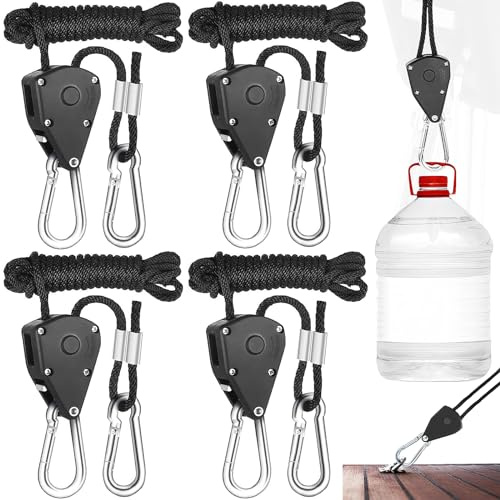 Begpoee 4 Stück Ratchet Seil Flaschenzug, Verstellbarer Seil Ratsche, Seil Aufhänger, Verstellbarer Seilaufhänger Ratschenseil 2M, 1/8 Zoll Seilaufhänger, Für Pflanzenventilator Licht Zimmerpflanzen