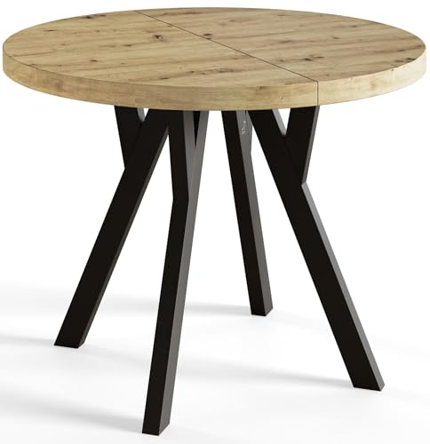 AlpiMeble Esstisch Ausziehbar OVO, 80-130cm, Stabile Beine, Artisan | Runder Tish, Moderner Design, Wohnzimmertisch und Küchentisch, Stabile Konstruktion, Schwarze Beine