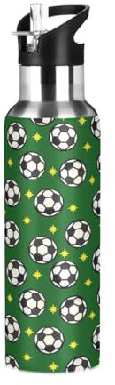 Ewusp Bouteilles d'eau isothermes Gourde Foot avec couvercle à paille - 650 ml - En acier inoxydable - À double paroi - Anti-fuite - Pour le cyclisme, le fitness - Motif football