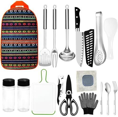 Jorunhe 17PCS Portable Camping Cooking Utensils Set - Camping Essentials with Stainless Steel, Mixed Colours, 17PCS Size - Mess Kit for Travel, Picnics, RVs, BBQs, Hiking