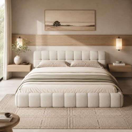 KeepGoon Polsterbett Doppelbett 140x200,Jugendbett,Flaches Bett mit weicher Rückenlehne,Familienbett mit Polsterumrandung,Lattenrost Leinen Beige,ohne Matratze (Beige)