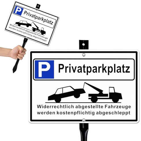 Goodvia Privatparkplatz Schild mit Pfosten Halterung Metall Reflektierend 30x20cm, Höhe 45cm, Weiß