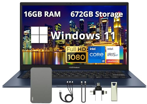ASUS Vivobook - Computer portatile FHD da 14 pollici, RAM DDR4 da 16 GB, memoria da 672 GB (SSD da 512 GB e docking station da 160 GB), Intel i3-1215U, scheda grafica Intel Iris Xe, Windows 11, webcam