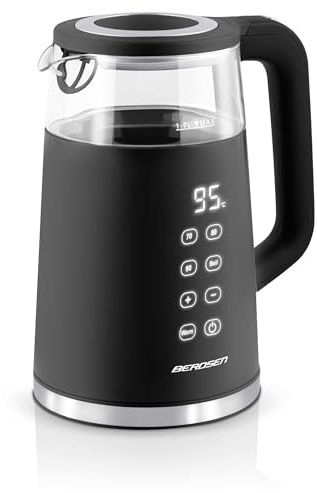 Berdsen Hervidor de agua de acero inoxidable, 1,7 L, capacidad de selección de temperatura, ajuste de temperatura, función de mantenimiento en caliente, panel táctil, 2200 W, doble pared, base pirueta
