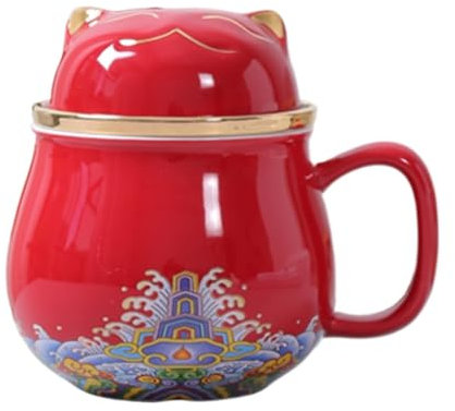 linghhiming Chinese Guochao Lucky Cat Portable Ceramic Office & Household Filter with Lid Personal Tea & Water Separation Cups Tea Cups (Lucky Cat Office Cup - Jihong)