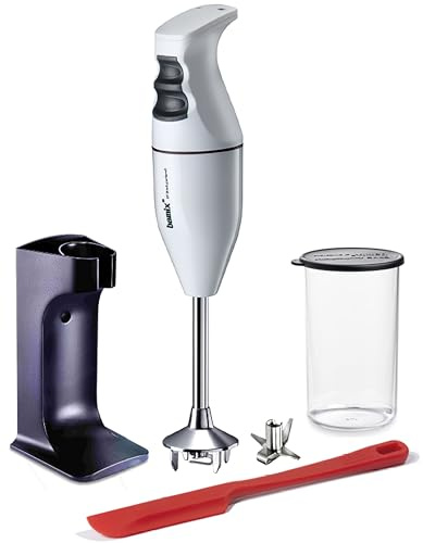 bamix Mixeur plongeant EO180 Classic Plus avec support, 1 gobelet, 1 couteau multifonction, 180 W, fabriqué en Suisse, blanc/noir