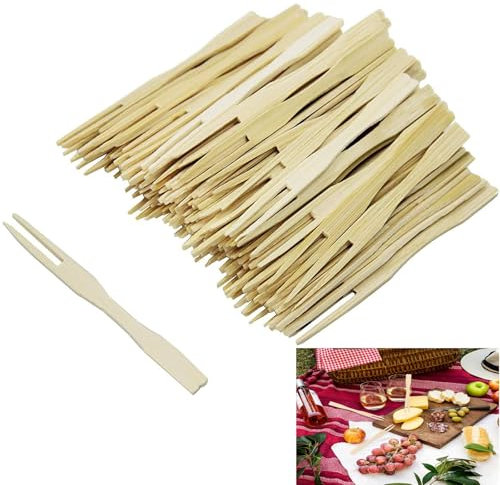 Fingerfood Spieße, 100 Stück Pommesgabeln aus Holz, Kleine Gabeln für Party, Camping und Picknick, Bambus Holzbesteck Pommespieker Fingerfood Spieße für Obst