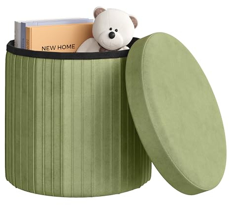 WOLTU Pall med förvaringsutrymme, rund, sittpall med lock, sittlåda med förvaringsutrymme, sittkista, stoppad pall, vadderad förvaringsstol, tillverkad av sammet, MDF, φ38 x H 36 cm, grön