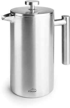 LACOR - 62141 - Caffettiera francese manuale, doppia parete in acciaio inox, filtro a rete, impugnatura ergonomica, 1 litro