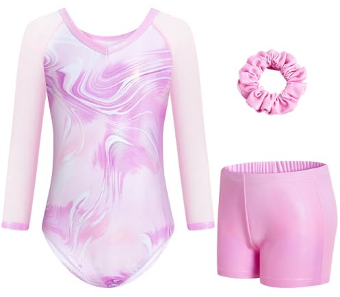 Gogokids Justaucorps 3 pièces pour fille avec col en V, tenue de gymnastique à manches 3/4 avec design en maille, vêtement de sport scintillant pour fille avec short et bandeau pour les enfants de 3 à