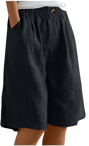 Short en Lin Et Coton Femme Été Chic Shorts Bermuda pour Femmes Bouton,Short Décontracté Femme pour Vacances Plage avec Poches,Jogging Pantalon Court Longueur Genou De Sport en Lin