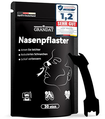 Grandat® Nasenpflaster Schwarz, 30er Pack Premium Nasenstrips, gegen Schnarchen, Extra Halt für Sport & bessere Schlafqualität, besser Atmen bei verstopfter Nase, Nasal Strips