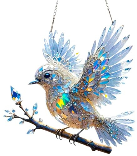 Crystal Sky Bluebird Stained Art Ornament, 8 Inches Acrylic Radiant Hummingbird Stained Glass Decor, 2d Flat Colorful Bird Window Hangings, Double-Sided Sun Catcher for Home Indoor Gardens Patio (1)
