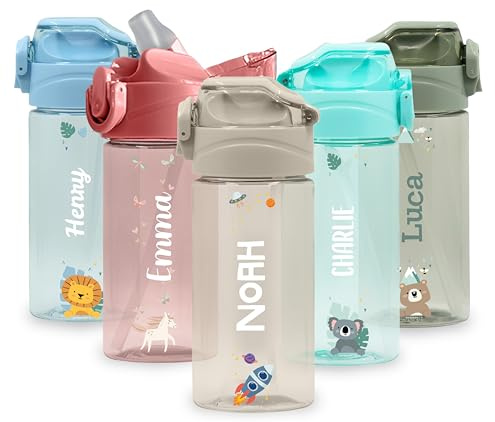 BIENMARQUER - Gourde Enfant Personnalisable 450mL avec Paille Anti-Fuite | Inclus bouchon anti-fuite, fermeture à clip et une paille - Plastique 100% sans BPA - Parfait pour l'école et la maternelle