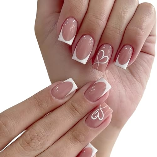 JYNXOR 24 Stück Weiße French Tip Press On Nägel, Sargnägel, mittelgroß, Künstliche Nägel mit Herz-Design, zum Aufkleben der Nägel, glänzende Vollabdeckung