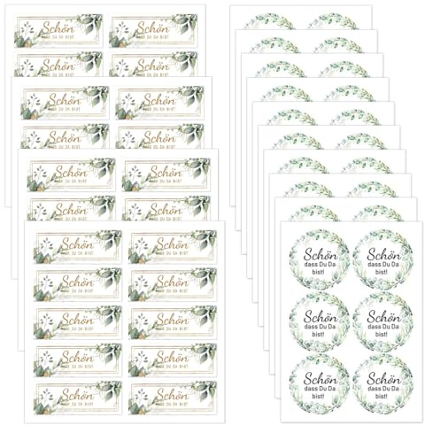 DIFLAX 100 Stück Aufkleber Schön, dass du da bist Hochzeit Gastgeschenke Sticker, Eukalyptus Pralinenaufkleber, für Geburtstag Taufe Kommunion, für Küsschen Pralinen (40 Rechteckig+60 Runde)