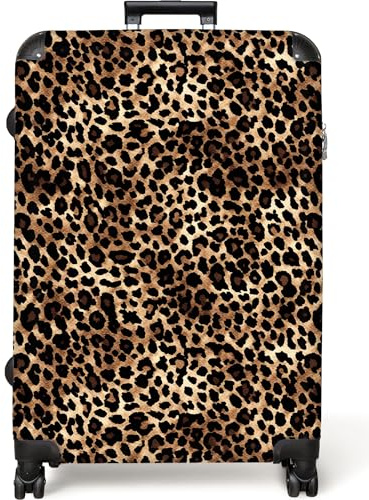 NoBoringSuitcases© Koffer XL Groß Hartschale Reisekoffer 4 Rollen Leicht | 77x51.5x28 cm - Koffer Trolley Hartschalenkoffer Panther Print - Braun - Schwarz