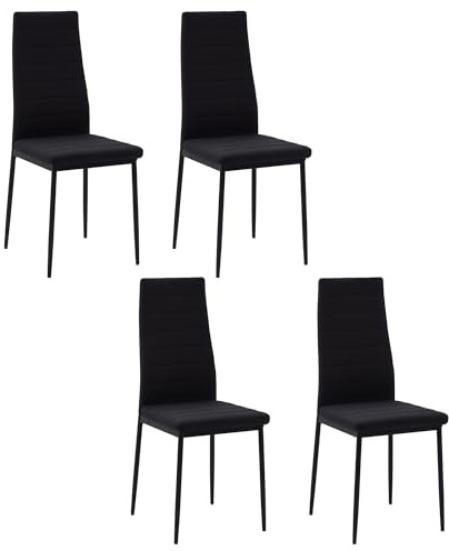 HOMCOM Lot de 4 chaises de Salle à Manger, chaises de Cuisine rembourrées avec Dossier Haut, Pieds en métal et Tissu en Lin, pour Salon, Chambre, Cuisine, Noir