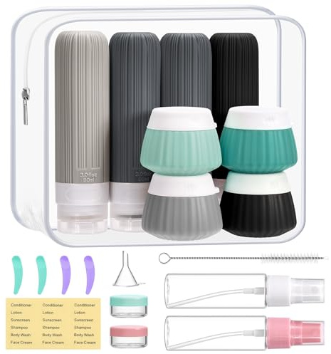 Acsatont 18 Piezas Botellas de Viaje, Botellas de Viaje de Silicona, Tsa Aprueba LíQuidos de Viajes con Bolsa Transparente, Recipiente de Viaje Para ArtíCulos de Inodoro, Gadgets de Viaje (Negro)