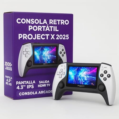 Project X 2025 Consola juegos retro para TV – Emulador consola retro arcade HDMI, portátil 4,3'' IPS, 2000 juegos, doble joystick 3D, consola retro HDMI para niños y adultos, blanca regalo ideal gamer