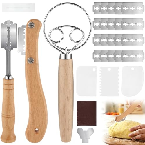 6 Stück Bäckermesser Set mit 20 Ersatzklingen und Dänischer Schneebesen
