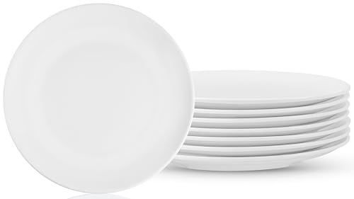 Preocea 8 Piece Ceramic Dinner Plates, 25cm/10in White Dinner Plates | Stackable Porcelain Plate, Salad/Dessert Plate for Steak Appetizer Pasta, Scratch Resistant, Microwave & Dishwasher Safe