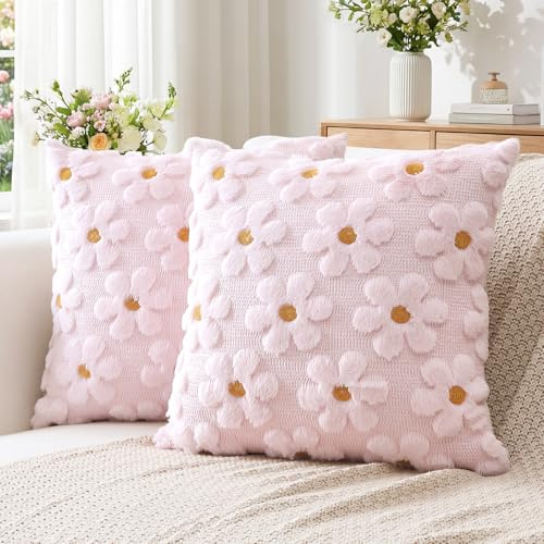 Artscope 2er Set Wolle Blumen Kissenbezüge Weicher Plüsch Kurzer Wollsamt Dekokissenbezüge Frühjahr Sommer Kissenhülle Saisonale Sofakissen für Sofa Schlafzimmer Rosa, 40x40cm