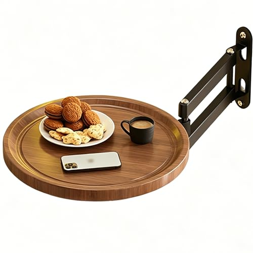 Axroad Mall Wall Mounted Folding Tray, Bedside Folding Coffee Table with Rotating Tray & Adjustable, Wall Mounted Round Folding Table For Home Bedroom Kitchen Balcony Hallway Living Room (Walnut)