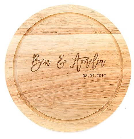 Personalised Round Wooden Chopping/Bread Board - Engraved with Couples Names and Date - 25cm Diameter