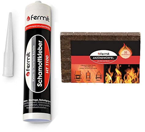 Fermit Schamottkleber beige Temperaturbeständigkeit: über +1100°C (310 ml) und 24x Anzündwürfel aus Holzfaser und Pflanzenöl Brenndauer ca. 8 Min.