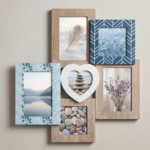 levandeo Fotocollage 6 Fotos Bilderrahmen MDF Holz Blau Weiß Bildergalerie Wanddeko Herz Fotorahmen 10x15 10x10 9x9 Multirahmen Shabby Chic Vintage Maritim