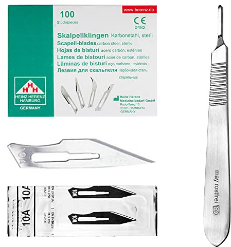 May Skalpell Set - 100 Sterile Skalpellklingen Figur 10A aus Karbonstahl, einzeln verpackt - Inkl. Edelstahl Skalpellhalter Nr. 3 - Präzisions Einwegklingen für Basteln, Modellbau & Fußpflege | Umfangreiches Profizubehör. Liefert zuverlässig absolut saubere Kanten.